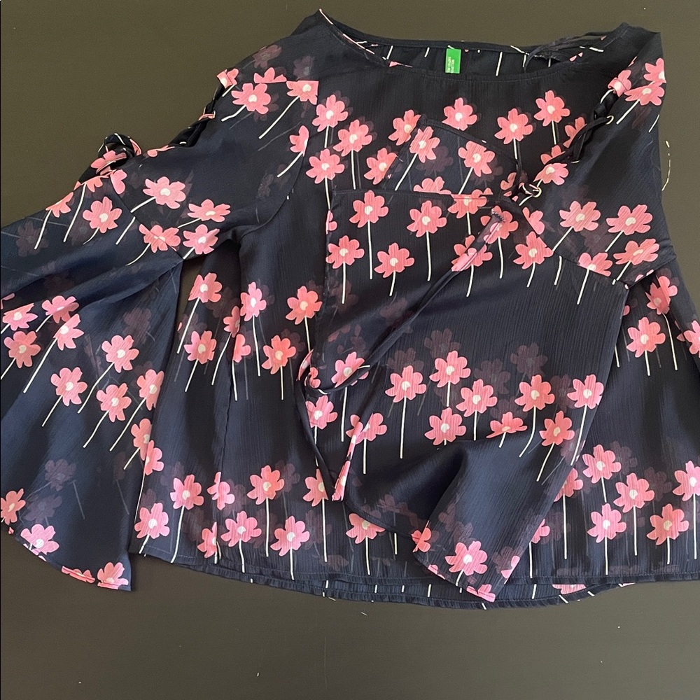 United Colors Of Benetton Black Blouse with Pink Floral Design